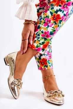 Boto Skórzane Lakierowane Wężowe Czółenka Złote Elissabeth