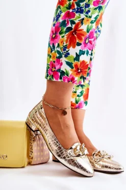 Boto Skórzane Lakierowane Wężowe Czółenka Złote Elissabeth