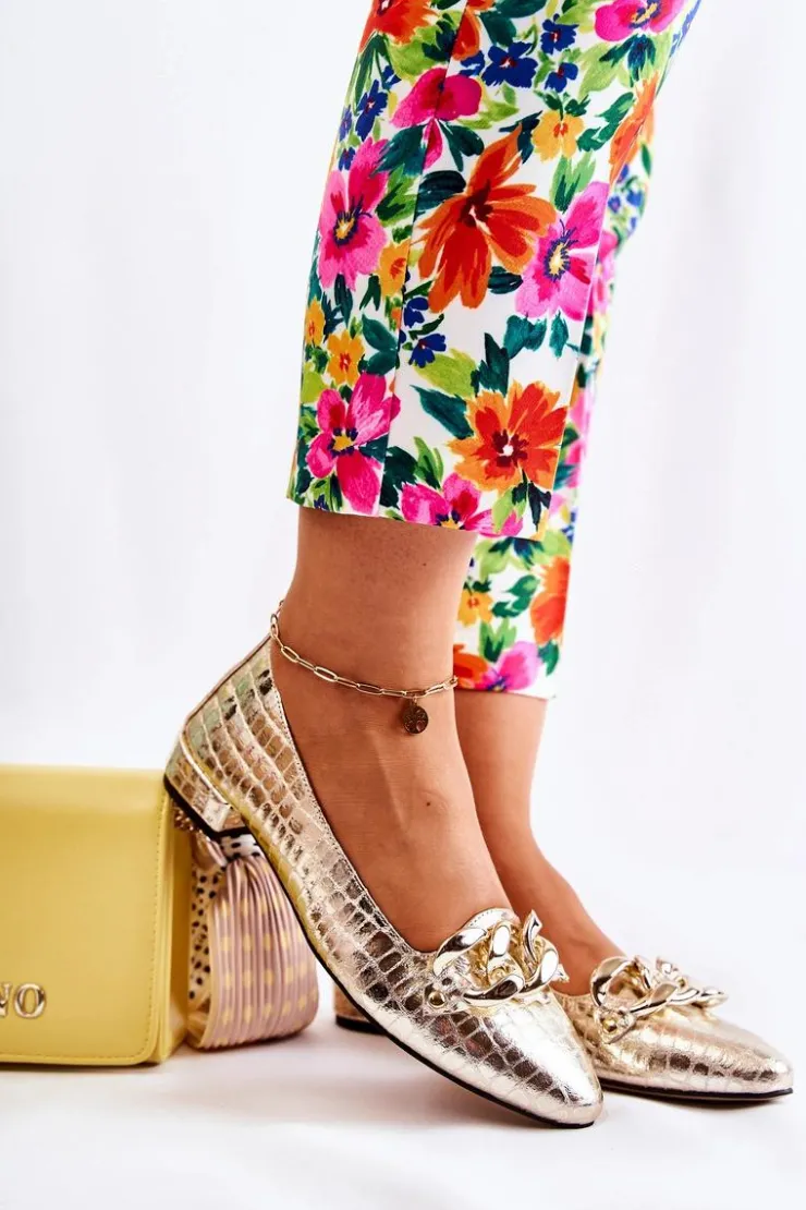 Boto Skórzane Lakierowane Wężowe Czółenka Złote Elissabeth