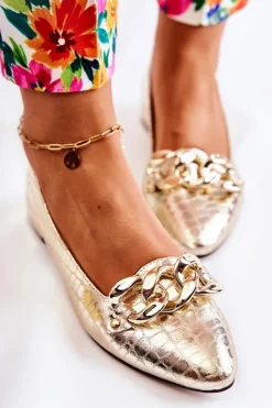 Boto Skórzane Lakierowane Wężowe Czółenka Złote Elissabeth