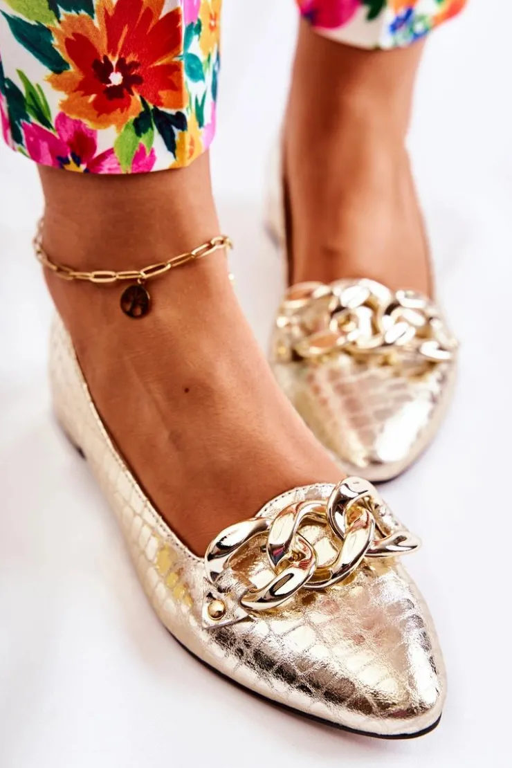 Boto Skórzane Lakierowane Wężowe Czółenka Złote Elissabeth