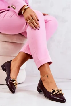 Damskie Boto Skórzane Lakierowane Wężowe Czółenka Bordowe Elissabeth