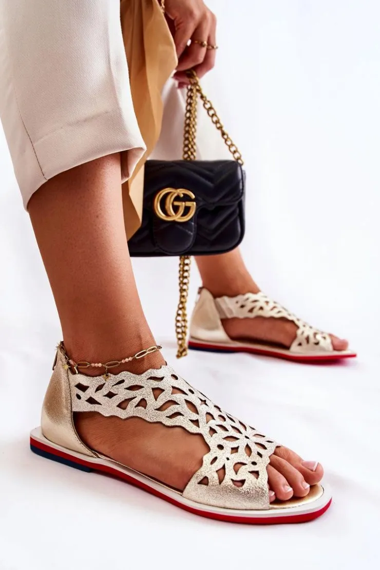 Boto Sandały Ażurowe|Sandały Na Koturnie*Skórzane Lekkie Ażurowe Sandały Złote Alima