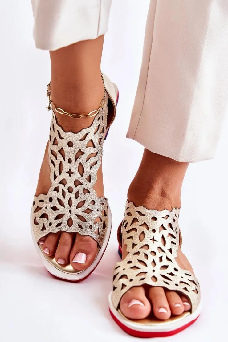 Boto Sandały Ażurowe|Sandały Na Koturnie*Skórzane Lekkie Ażurowe Sandały Złote Alima
