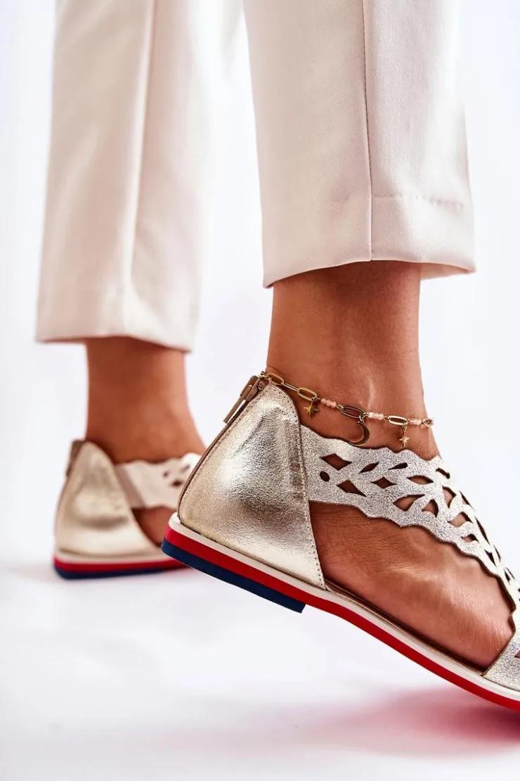 Boto Sandały Ażurowe|Sandały Na Koturnie*Skórzane Lekkie Ażurowe Sandały Złote Alima