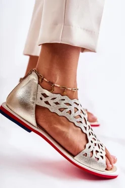 Boto Sandały Ażurowe|Sandały Na Koturnie*Skórzane Lekkie Ażurowe Sandały Złote Alima