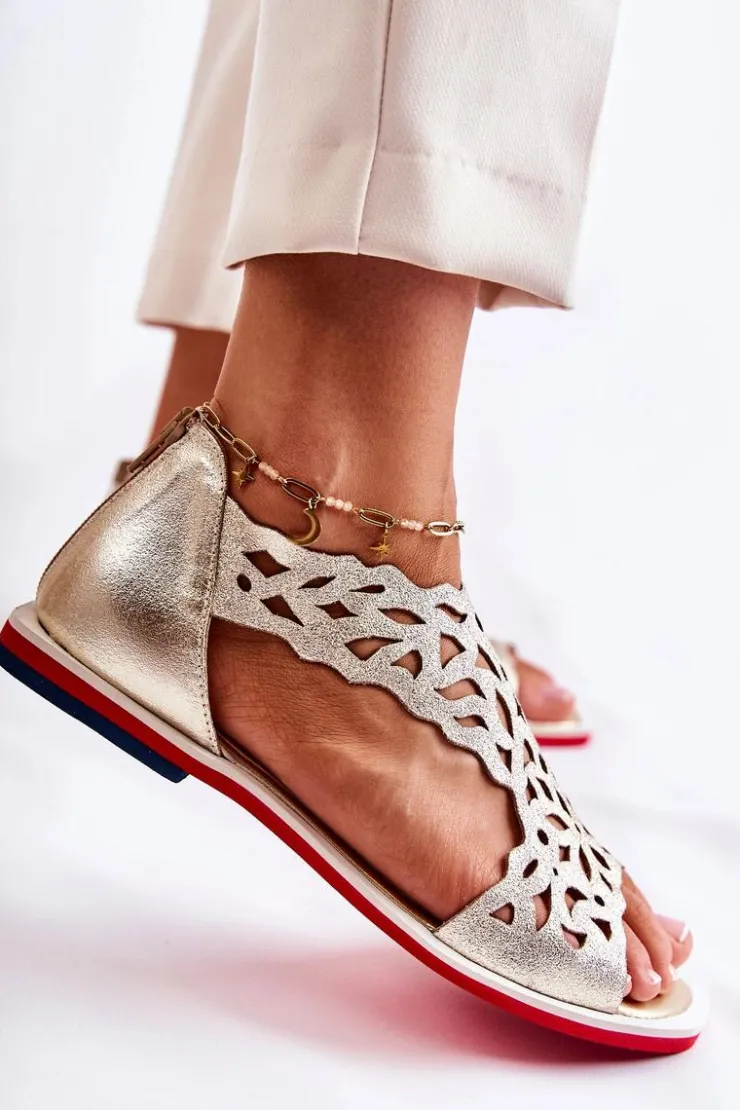 Boto Sandały Ażurowe|Sandały Na Koturnie*Skórzane Lekkie Ażurowe Sandały Złote Alima