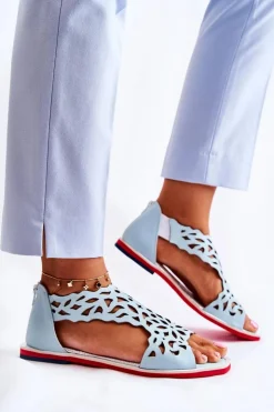 Damskie Boto Skórzane Lekkie Ażurowe Sandały Jasnoniebieskie Alima