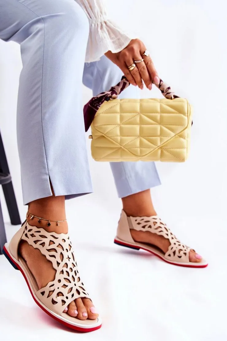 Boto Sandały Ażurowe|Sandały Na Koturnie*Skórzane Lekkie Ażurowe Sandały Beżowe Alima