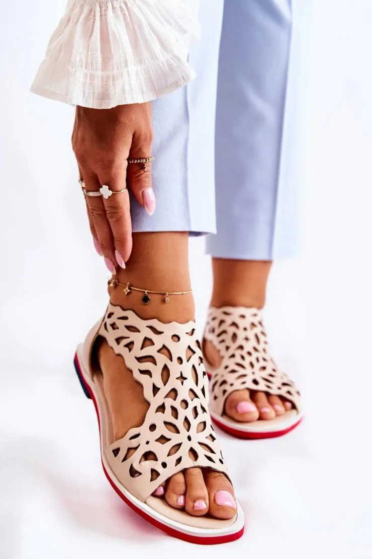 Boto Sandały Ażurowe|Sandały Na Koturnie*Skórzane Lekkie Ażurowe Sandały Beżowe Alima