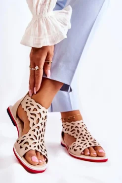 Boto Sandały Ażurowe|Sandały Na Koturnie*Skórzane Lekkie Ażurowe Sandały Beżowe Alima