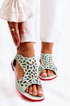 New Boto Skórzane Lekkie Ażurowe Sandały Zielone Alima