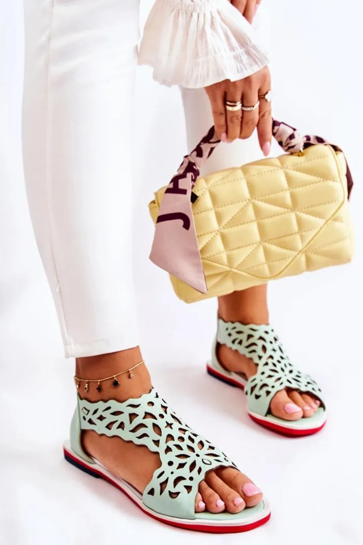 New Boto Skórzane Lekkie Ażurowe Sandały Zielone Alima