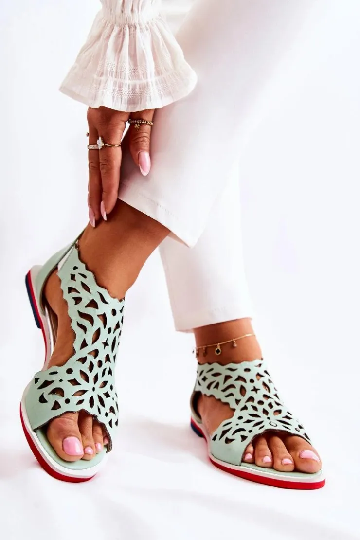 New Boto Skórzane Lekkie Ażurowe Sandały Zielone Alima