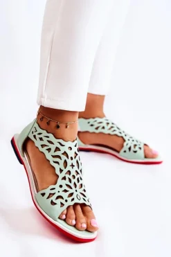 New Boto Skórzane Lekkie Ażurowe Sandały Zielone Alima