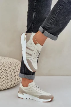 Outlet Evento Skórzane Lekkie Sneakersy Buty Sportowe Damskie Beżowe Norlexia