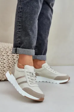 Outlet Evento Skórzane Lekkie Sneakersy Buty Sportowe Damskie Beżowe Norlexia