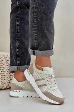Outlet Evento Skórzane Lekkie Sneakersy Buty Sportowe Damskie Beżowe Norlexia
