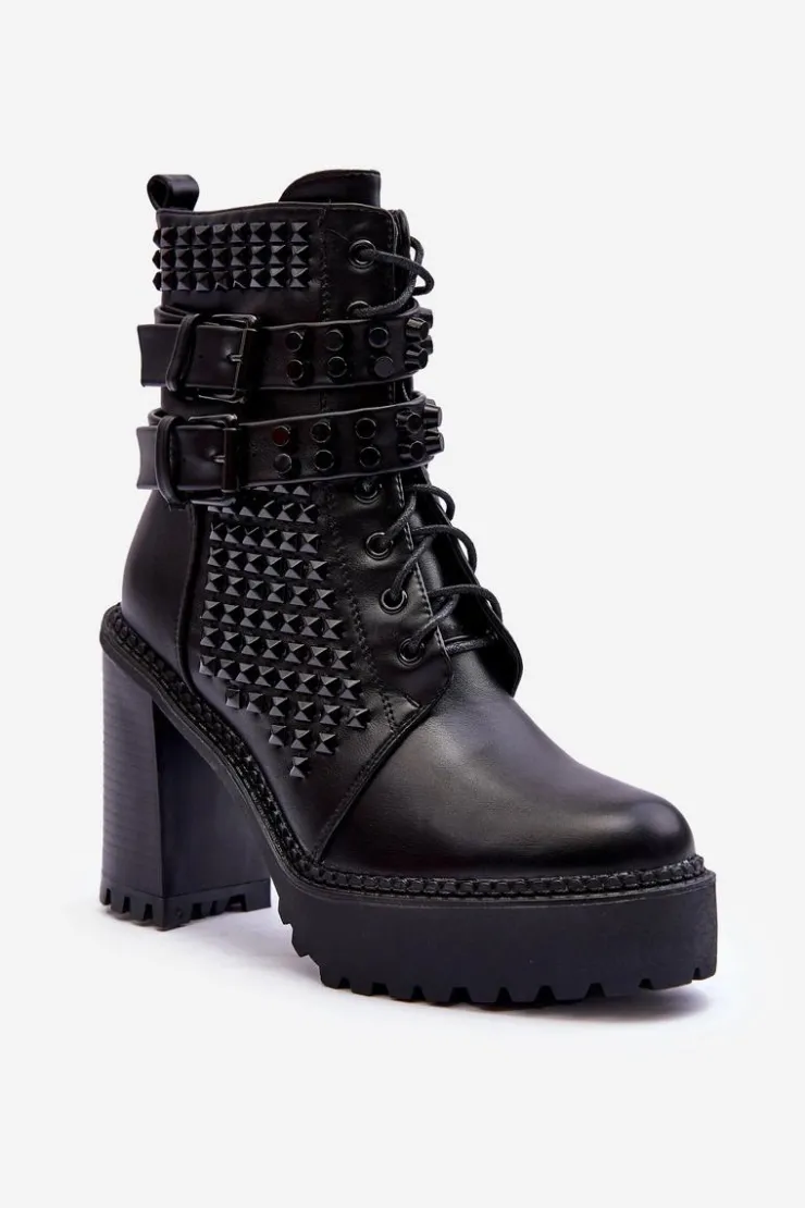 Boto Botki Na Słupku|Czarne Botki*Skórzane Masywne Botki Na Obcasie Ćwieki Czarne Cadabra