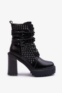Boto Botki Na Słupku|Czarne Botki*Skórzane Masywne Botki Na Obcasie Ćwieki Czarne Cadabra