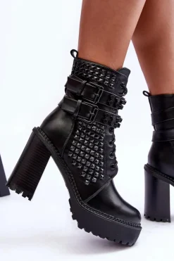 Boto Botki Na Słupku|Czarne Botki*Skórzane Masywne Botki Na Obcasie Ćwieki Czarne Cadabra