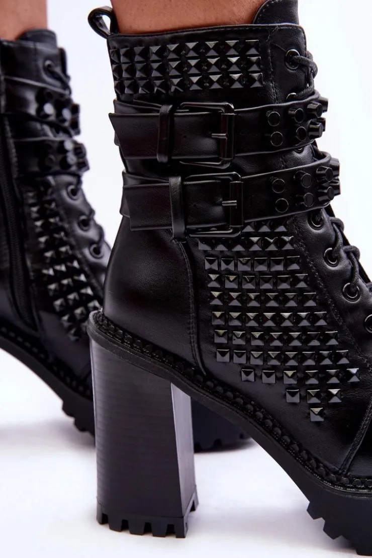 Boto Botki Na Słupku|Czarne Botki*Skórzane Masywne Botki Na Obcasie Ćwieki Czarne Cadabra