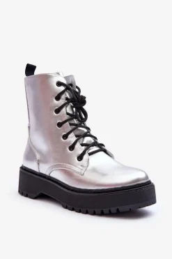 Boto Botki Sznurowane|Brązowe I Beżowe Botki*Skórzane Metaliczne Botki Workery Srebrne Teflorna