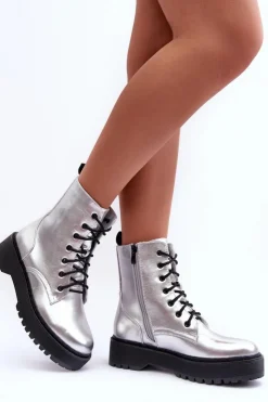 Boto Botki Sznurowane|Brązowe I Beżowe Botki*Skórzane Metaliczne Botki Workery Srebrne Teflorna