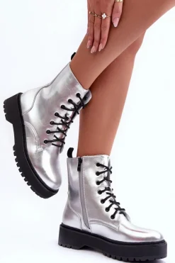 Boto Botki Sznurowane|Brązowe I Beżowe Botki*Skórzane Metaliczne Botki Workery Srebrne Teflorna