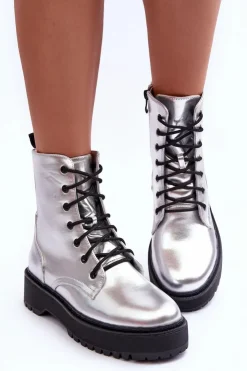 Boto Botki Sznurowane|Brązowe I Beżowe Botki*Skórzane Metaliczne Botki Workery Srebrne Teflorna