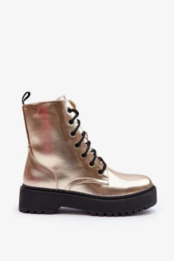 Boto Botki Sznurowane|Brązowe I Beżowe Botki*Skórzane Metaliczne Botki Workery Złote Teflorna