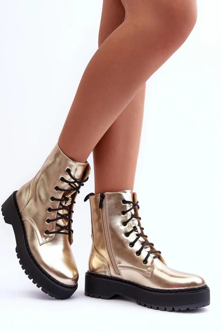 Boto Botki Sznurowane|Brązowe I Beżowe Botki*Skórzane Metaliczne Botki Workery Złote Teflorna