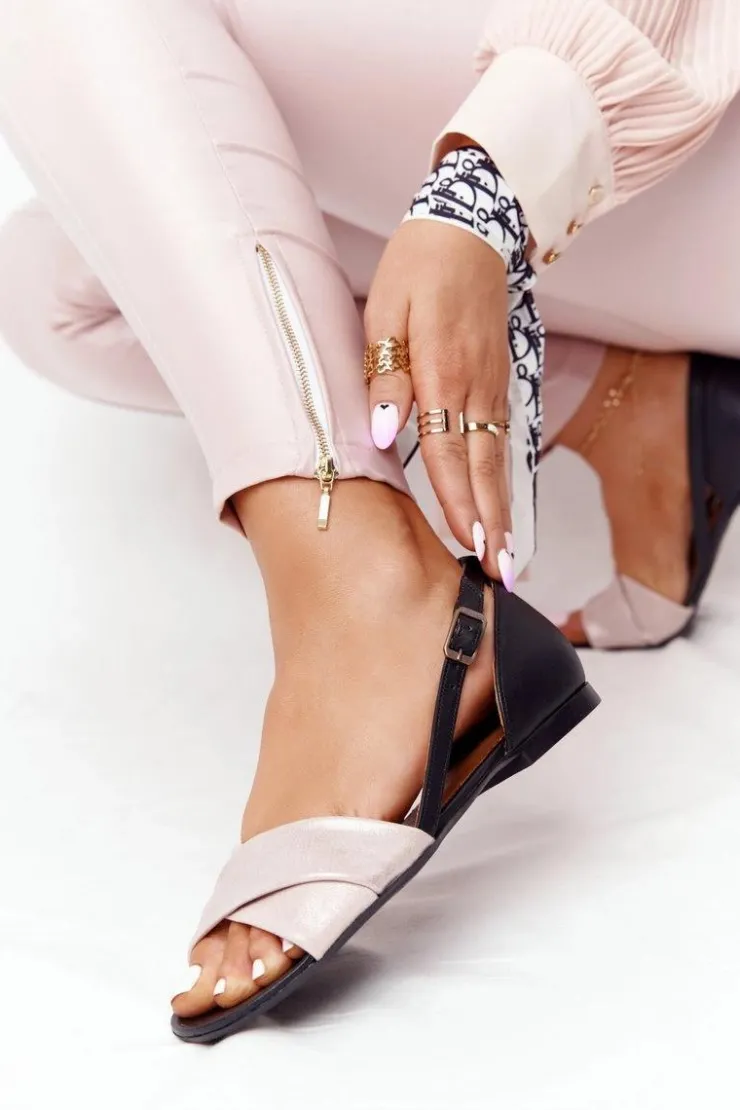 Damskie Maciejka Skórzane Metaliczne Sandały 04614-15 Różowo-Czarne