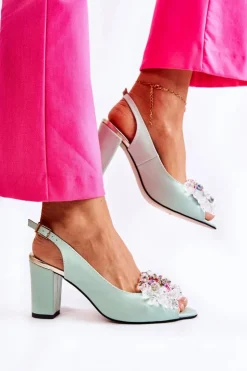 Damskie Boto Skórzane Modne Czółenka Sandały Z Ozdobą Zielone Meriss