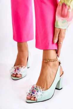 Damskie Boto Skórzane Modne Czółenka Sandały Z Ozdobą Zielone Meriss