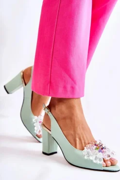 Damskie Boto Skórzane Modne Czółenka Sandały Z Ozdobą Zielone Meriss