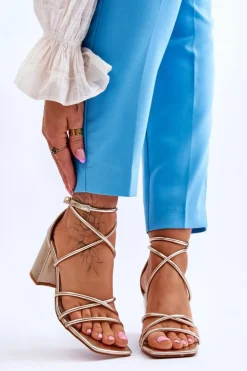 Boto Sandały Na Obcasie*Skórzane Modne Damskie Sandały Na Obcasie Złote Primma