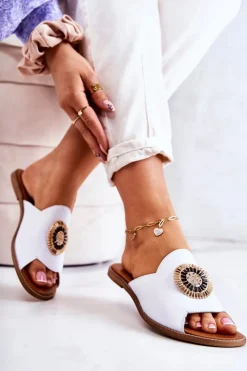 Boto Klapki Damskie Klasyczne*Skórzane Modne Klapki Lewski Shoes 3132/O Białe