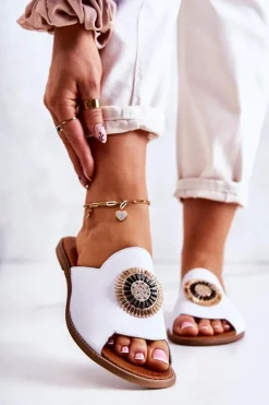 Boto Klapki Damskie Klasyczne*Skórzane Modne Klapki Lewski Shoes 3132/O Białe