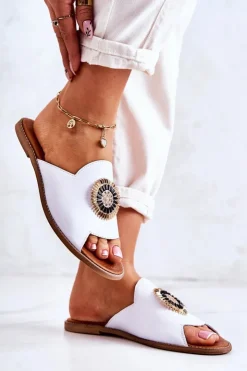 Boto Klapki Damskie Klasyczne*Skórzane Modne Klapki Lewski Shoes 3132/O Białe