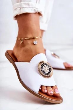 Boto Klapki Damskie Klasyczne*Skórzane Modne Klapki Lewski Shoes 3132/O Białe