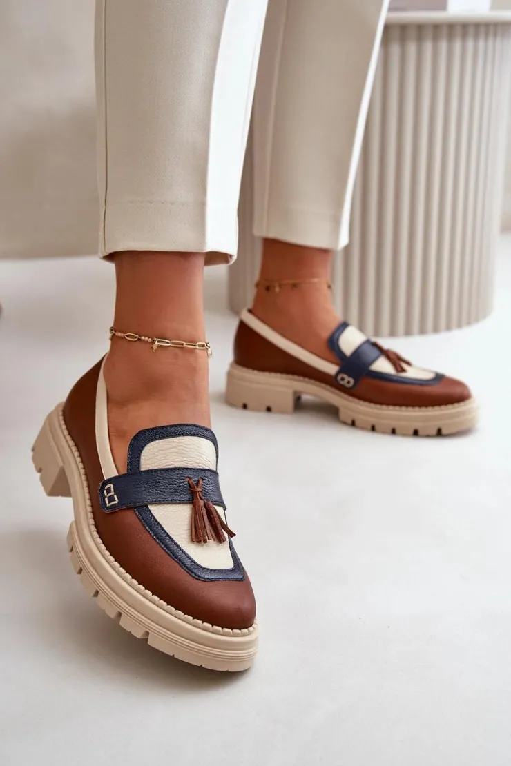 Hot Laura Messi Skórzane Mokasyny Damskie Brązowe 2835