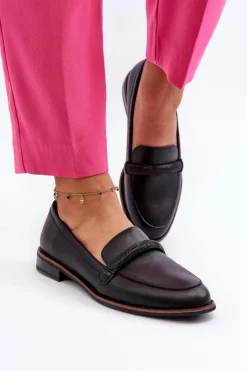 Buty Sergio Leone Skórzane Mokasyny Damskie Z Ozdobnym Paseczkiem Czarne Saosin