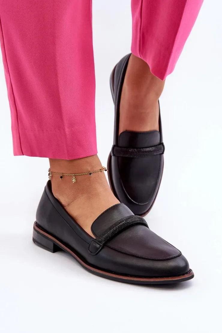 Buty Sergio Leone Skórzane Mokasyny Damskie Z Ozdobnym Paseczkiem Czarne Saosin