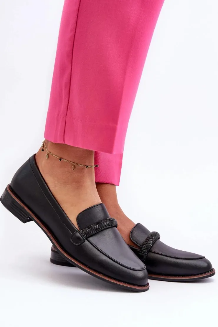 Buty Sergio Leone Skórzane Mokasyny Damskie Z Ozdobnym Paseczkiem Czarne Saosin