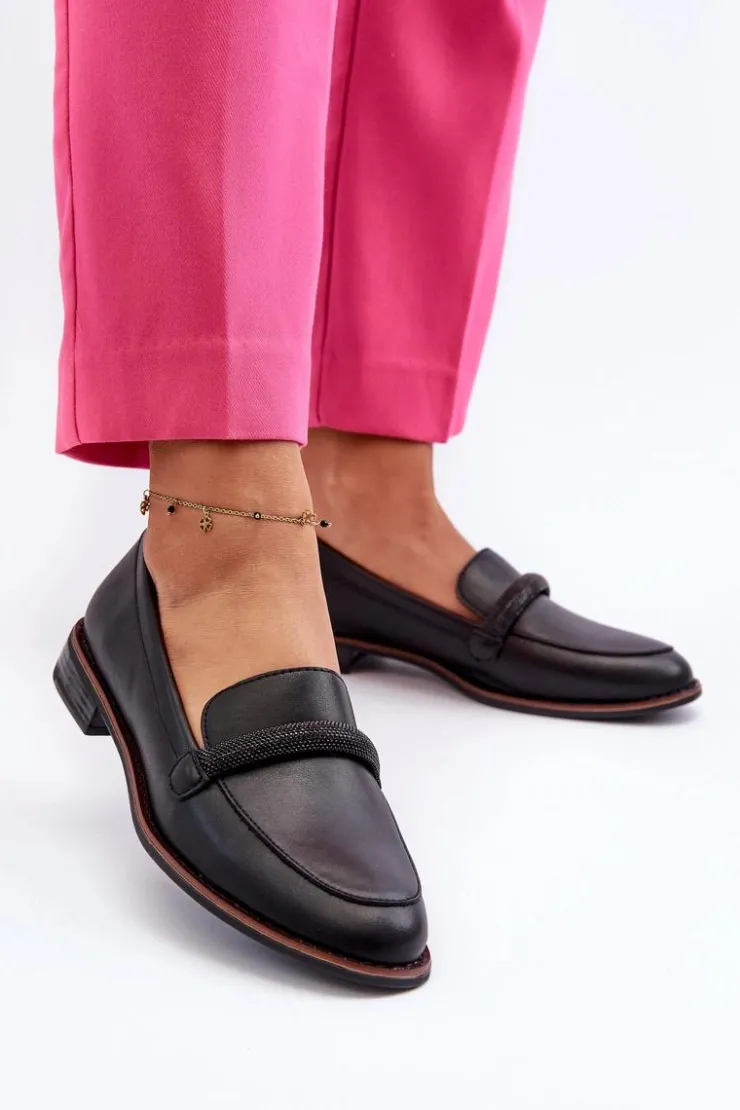 Buty Sergio Leone Skórzane Mokasyny Damskie Z Ozdobnym Paseczkiem Czarne Saosin