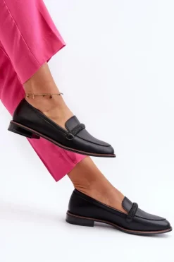 Buty Sergio Leone Skórzane Mokasyny Damskie Z Ozdobnym Paseczkiem Czarne Saosin