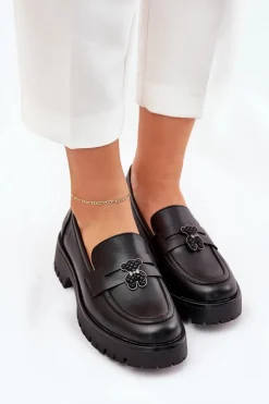 Buty damskie Vinceza Loafersy Damskie|Mokasyny Płaskie*Skórzane Mokasyny Damskie Z Przypinką Miś Vinceza 18109 Czarne