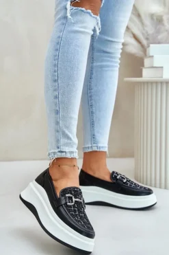 Damskie Buty damskie Vinceza Skórzane Mokasyny Damskie Na Platformie Z Ozdobą Vinceza 89105 Czarne