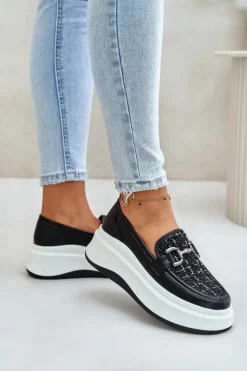 Damskie Buty damskie Vinceza Skórzane Mokasyny Damskie Na Platformie Z Ozdobą Vinceza 89105 Czarne